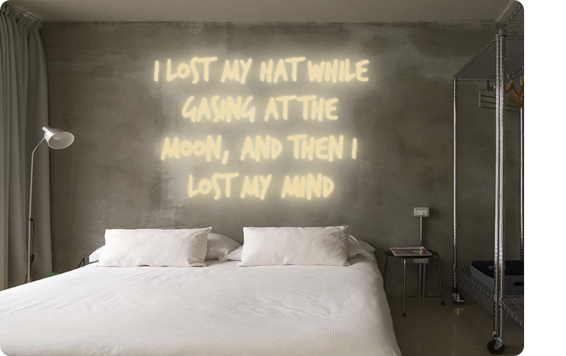 Custom order: I LOST MY HAT WHILE
GASING AT THE 
MOON, AND THEN I 
LOST MY MIND